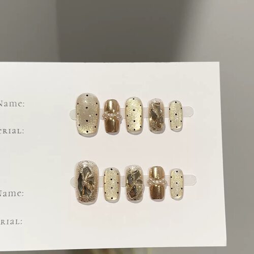 Cream Gold Polka Dot Pearl Bow Press On Nails