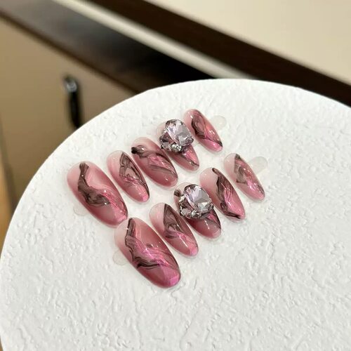Pink Smoke Swirl Rhinestone Press On Nails