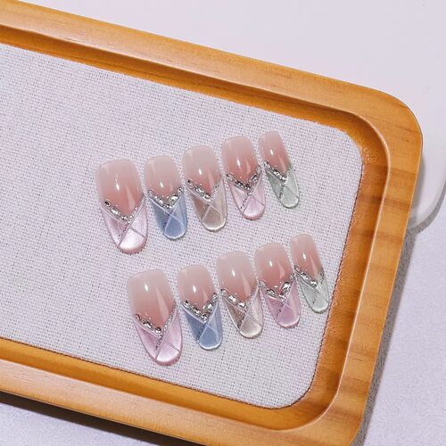 Handmade Pastel Gradient Rhinestone Nails