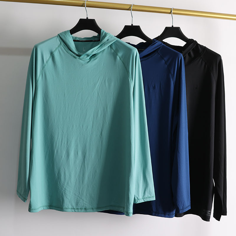 大码运动健身跑步长袖T恤男UPF50透气吸汗弹力速干连帽套头衫F22