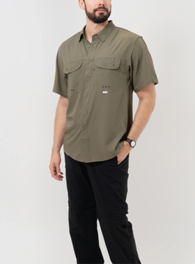 Upf50户外防晒短袖钓鱼服登山徒步男 格纹抗撕裂微弹速干衬衫J22