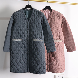 韩国原单 80绒衍缝压格子V领薄羽绒服女 宽松显瘦中长款棉服i51