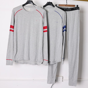 高个子 条纹长袖T恤男 灰色圆领套头运动打底衫 户外健身打底裤