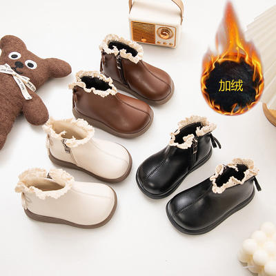 女童蕾丝边小短靴2025秋冬新款加绒靴子韩版甜美公主靴宝宝马丁靴