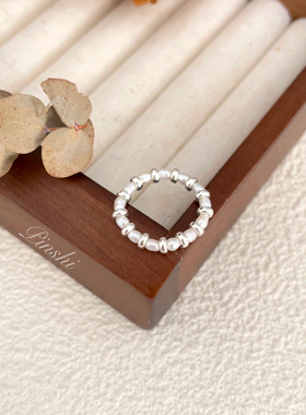 S925银天然淡水小米珠小众戒指