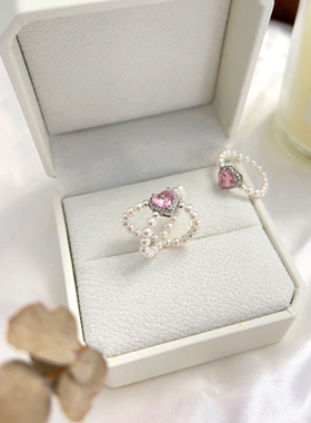 原创S925银粉钻爱心珍珠轻奢戒指