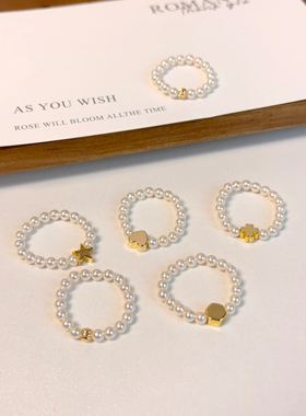 弹力绳进口施家珍珠金色点缀戒指