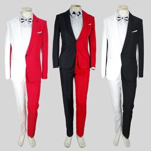 魔术杂耍表演小品二人转拼色演出服套装男歌手主持不规则拼色西服