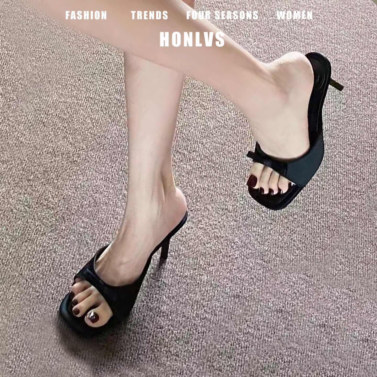 黑色蝴蝶结绸缎方头凉鞋女夏季百搭细跟高级感一字带鱼嘴高跟拖鞋