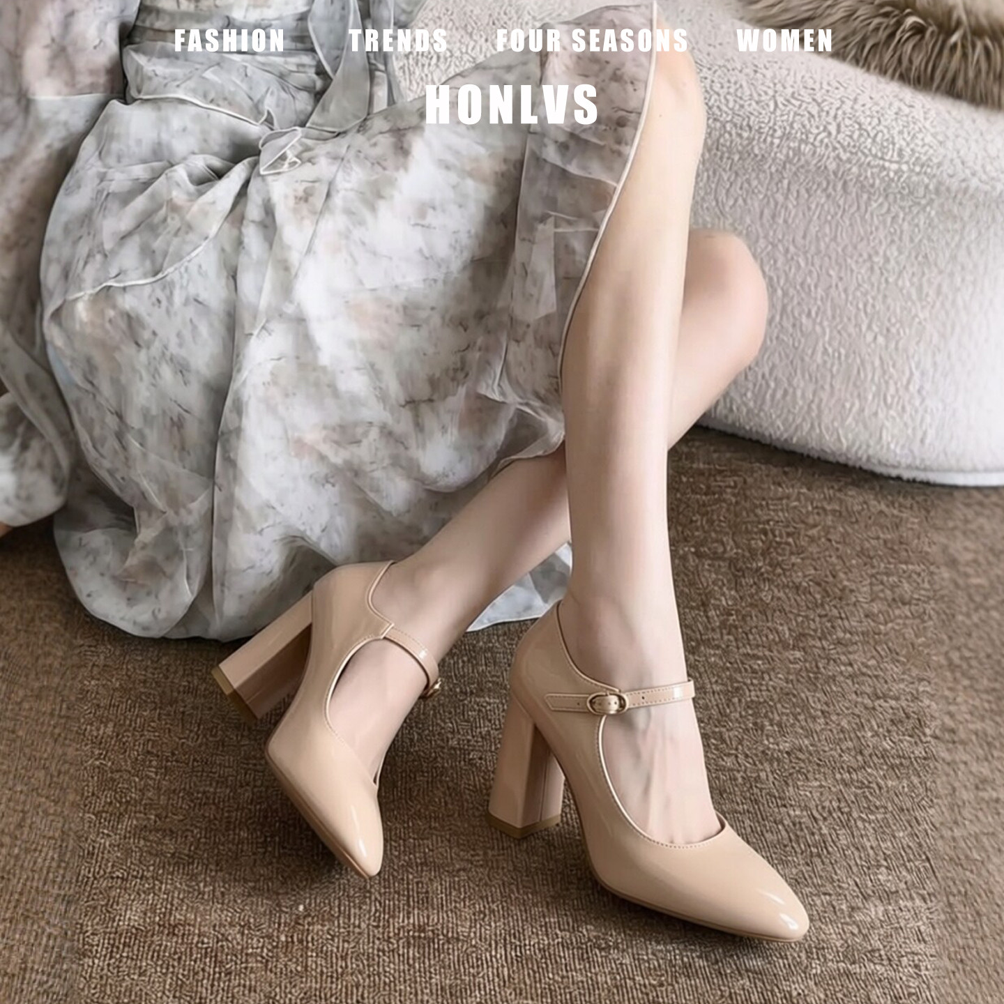 绝美裸色一字带玛丽珍高跟鞋女粗跟气质法式圆头漆皮单鞋2026新款