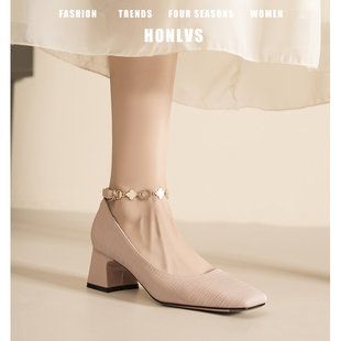 法式优雅裸色单鞋女粗跟2025秋季新款绝美玛丽珍鞋方头5cm高跟鞋