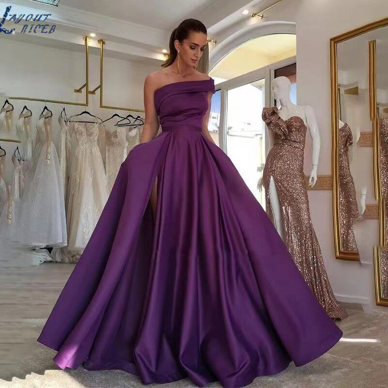 women clothes外贸单肩缎面礼服晚礼服生日宴会蓬蓬裙绿色高开叉