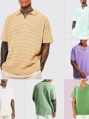 2023大码弹力宽松POLO衫毛衣男式针织短袖休闲V领T恤Men T-Shirt