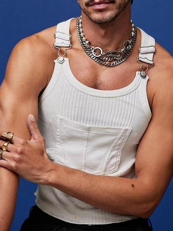 2023新款欧美男士弹力修身T恤ins潮流街头口袋吊带背心men's suit