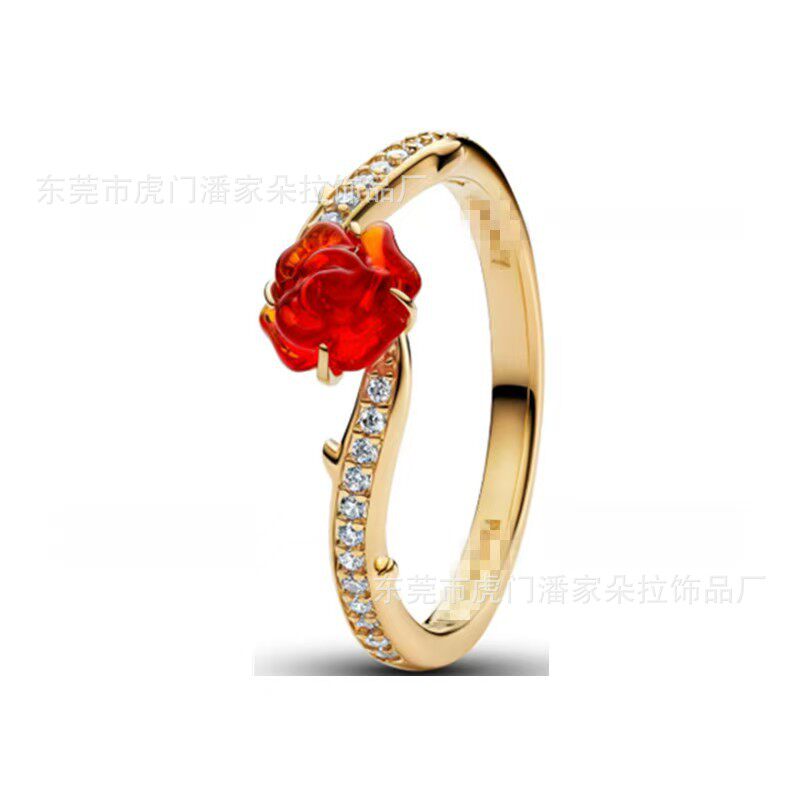 潘家S925白铜镀银新款黄金色爱心型蝴蝶结绿色皇冠玫瑰花戒指指环