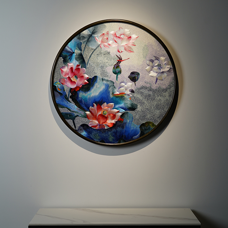 餐厅入户玄关沙发背景墙成品装饰画圆形手工苏绣满堂荷彩刺绣画图片