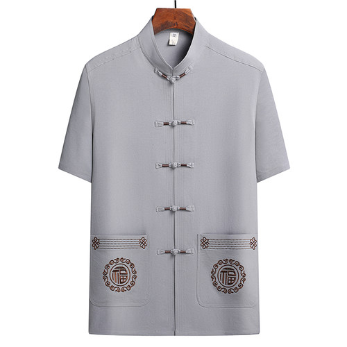 爸爸老人亚麻爷爷薄款短袖上衣