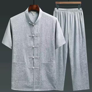 唐装男中老年爸爸夏装短袖套装中国风父亲冰丝衣服爷爷装生日汉服