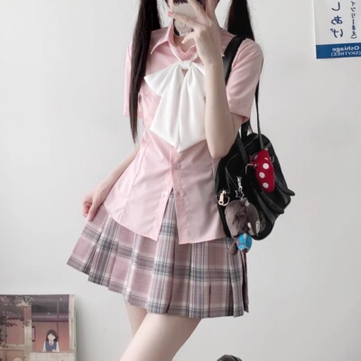 潘特维拉粉色短袖jk衬衫