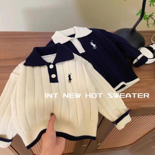 韩国童装秋冬新款儿童翻领毛衣男童女童休闲刺绣针织衫POLO领上衣