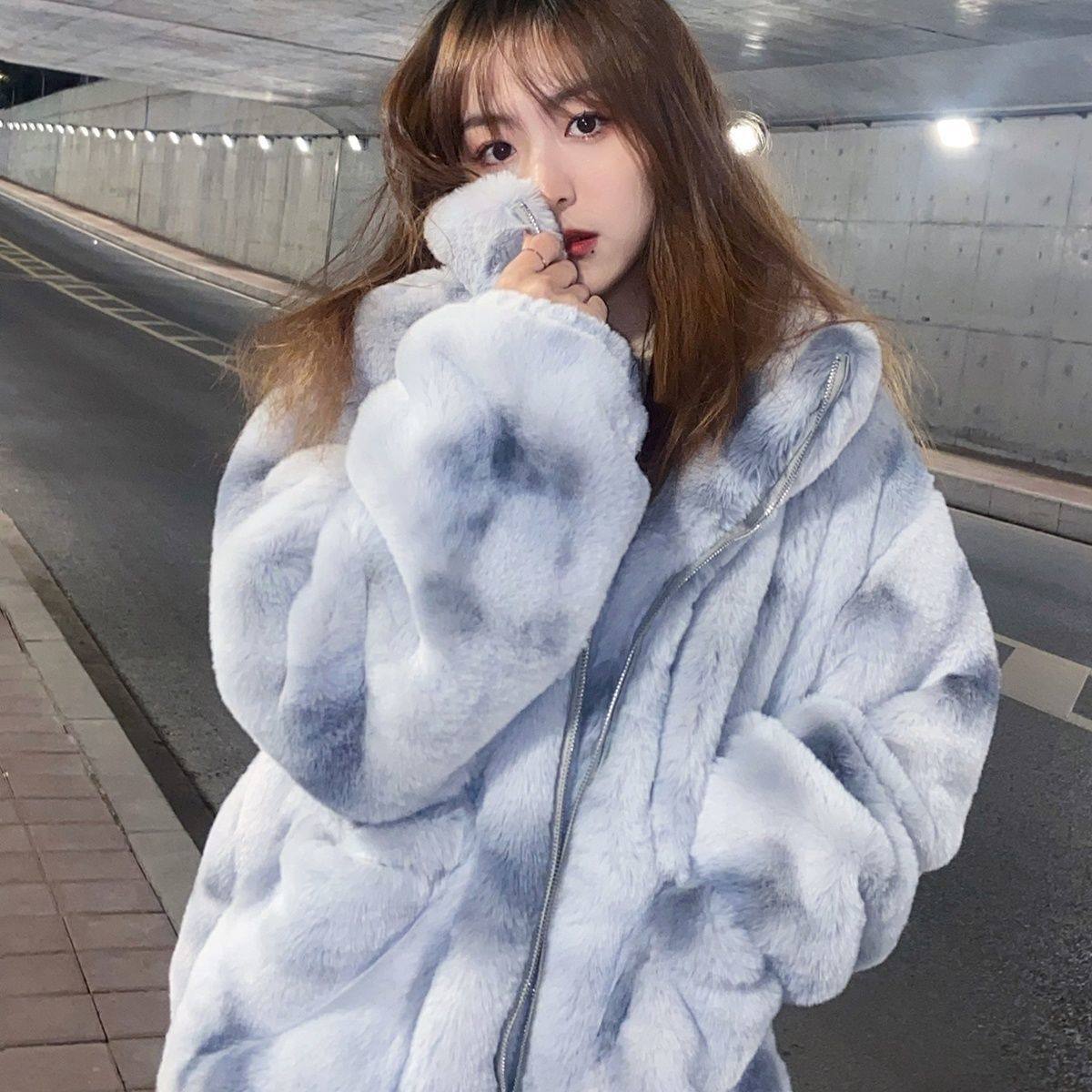 羊羔绒2025冬季新款扎染棉服外套仿兔毛立领宽松加厚皮草外套女