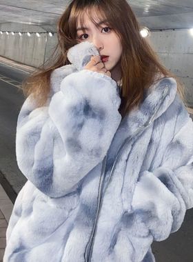 羊羔绒2025冬季新款扎染棉服外套仿兔毛立领宽松加厚皮草外套女