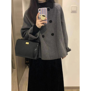 灰色短款呢子大衣女秋冬娃娃领复古加厚小个子韩系赫本风毛呢外套