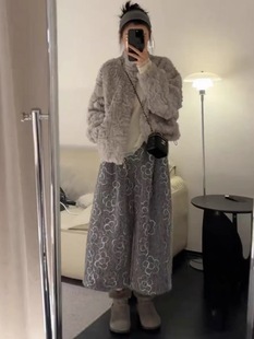 复古松紧腰阔腿八分裤 女2025秋冬季 子 灰色刺绣花朵毛呢休闲裤 韩版