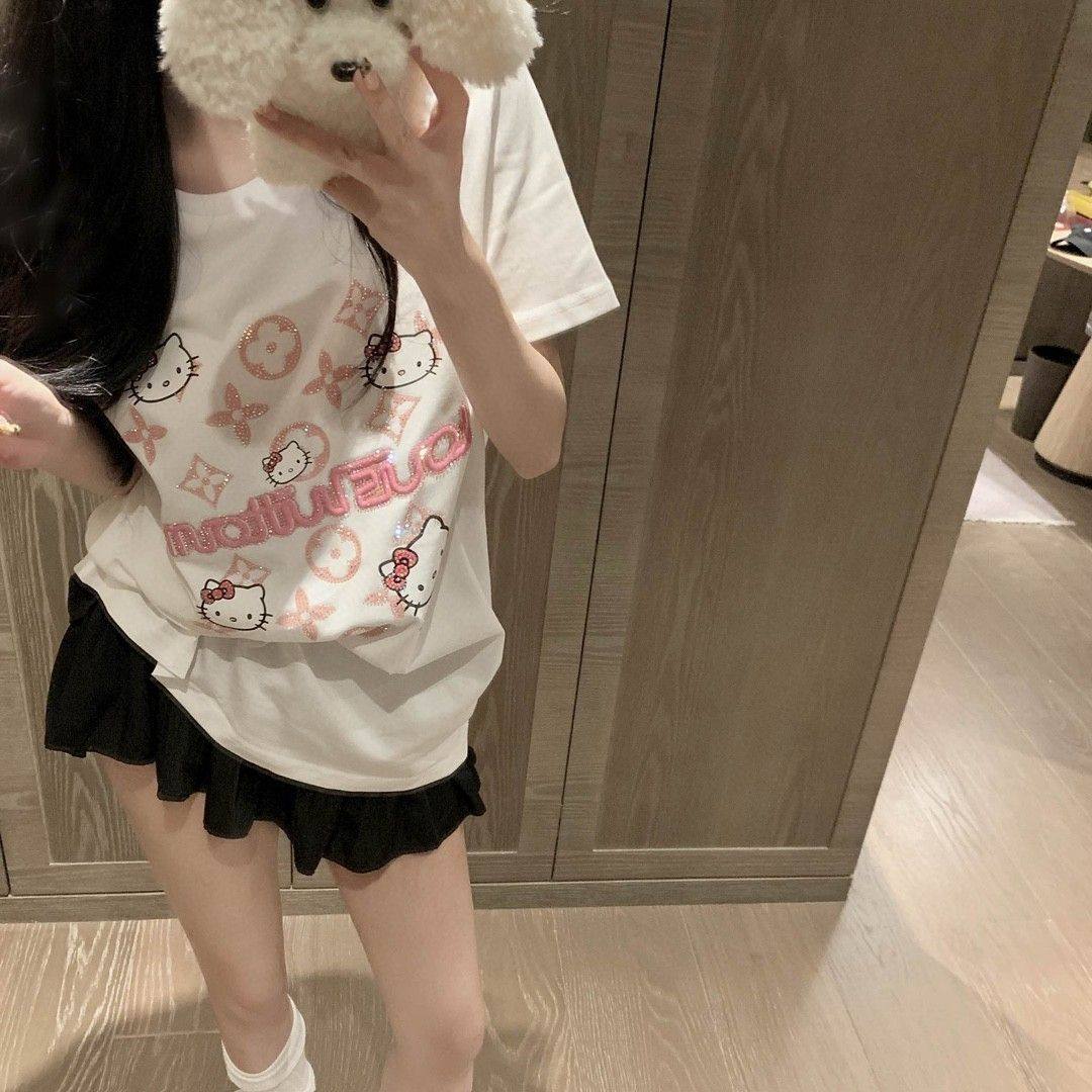 甜美可爱重工烫钻正肩短袖t恤女夏季宽松设计感百搭休闲纯棉上衣