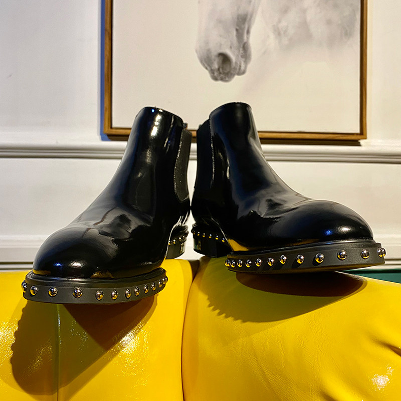 JINIWU吾倪季2025尖头切尔西靴手工铆钉底光面靴套筒松紧带潮短靴,流行男鞋,时装靴,淘宝优惠券,粉丝福利购,淘宝优惠卷