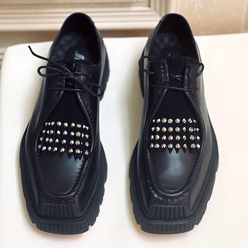 JINIWU吾倪季2025方头休闲袋鼠鞋流苏铆钉TPU轻底潮系带牛皮男鞋,流行男鞋,休闲皮鞋,淘宝优惠券,粉丝福利购,淘宝优惠卷