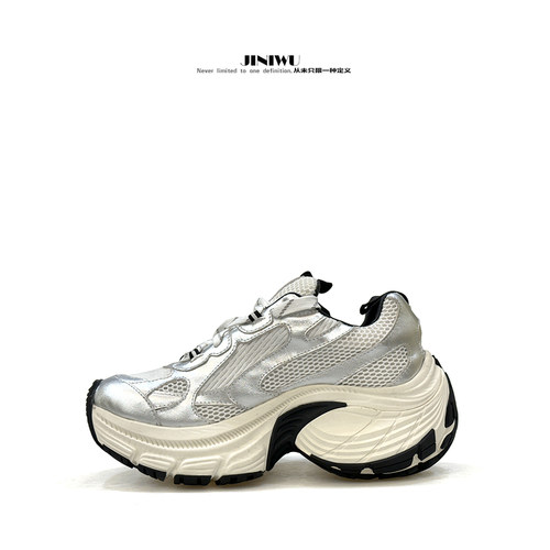 JINIWU2025新品老爹鞋银白增高牛皮原创8CM运动鞋潮爆流行休闲鞋