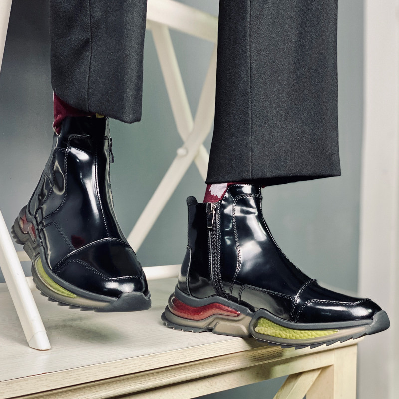 JINIWU吾倪季2025气垫靴亮黑牛皮高帮休闲男靴时装运动皮靴马丁靴,流行男鞋,时装靴,淘宝优惠券,粉丝福利购,淘宝优惠卷