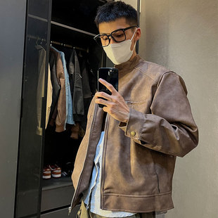重头来过秋冬季潮牌美式休闲夹克硬汉百搭机车服复古立领皮衣外套
