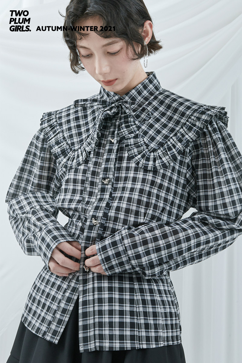2021fw黑白格子可拆卸少女风衬衫