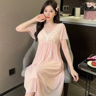 莫代尔女款 薄款 带胸垫睡裙女夏季 2025新款 宫廷风性感睡衣 短袖 大码