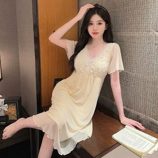 莫代尔女款 薄款 带胸垫睡裙女夏季 2025新款 宫廷风性感睡衣 短袖 大码