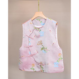 云锦百利-宋锦-上久楷 山石牡丹 弧度边香槟色圆领马甲