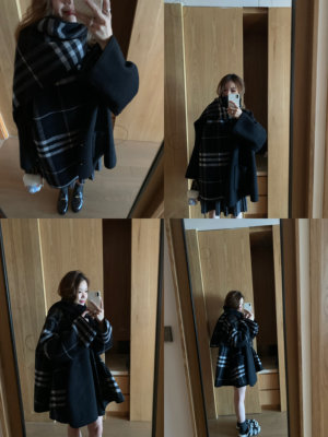 Komorebis双面格纹围巾斗篷两穿羊驼绒双面昵