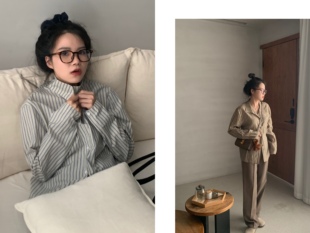 Komorebis // 两色条纹立领翻领慵懒风长袖衬衫