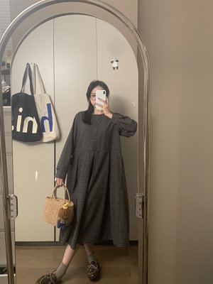 Komorebis森系文艺宽松日系黑米格格纹长款长袖连衣裙