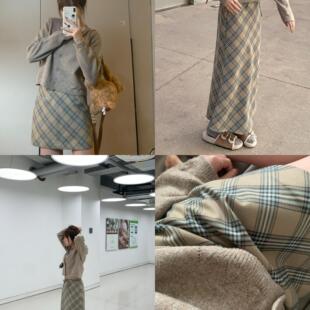 Komorebis 卡其浅蓝拼色格纹斜裁鱼尾半身裙/A字短裙 四季款