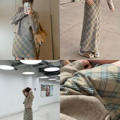 Komorebis卡其浅蓝拼色格纹斜裁鱼尾半身裙/A字短裙四季款