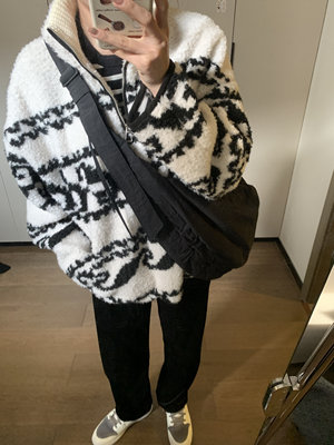 Komorebis定制毛线领子拼接羊羔毛套头拉链外套女宽松慵懒风