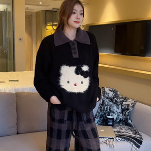 家居服 格子长袖 Kitty卡通柔软针织半边绒睡衣女秋冬新款 可外穿裤