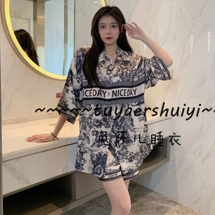 轻奢国风水墨画冰丝睡衣女士套装2026夏季新款性感衬衫睡裙家居服