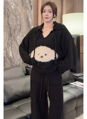 毛茸茸小狗睡衣套装半边绒家居服