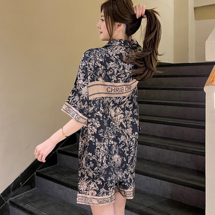 高级感黑金水墨画冰丝睡衣女士2026新款可外穿衬衫睡裙家居服套装