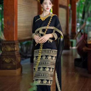 傣族服装女云南西双版纳傣王妃黑金重工少数民族傣族裙配饰全套新