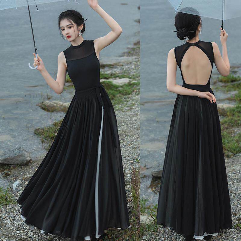 中国古典舞蹈练功服旗袍黑色显瘦古风现代爵士舞练功纱裙演出服装